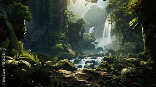 Lush rainforest filled with dense and vibrant vegetation. Flourishing biodiversity  verdant greenery  tropical wilderness  thriving ecosystem. Generated by AI.