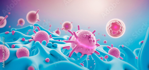 medical pharmaceutical research 3d background. Tumor microenvironment concept with cancer cells, nanoparticles, cancer associated fibroblast layer of tumor microenvironment normal cells