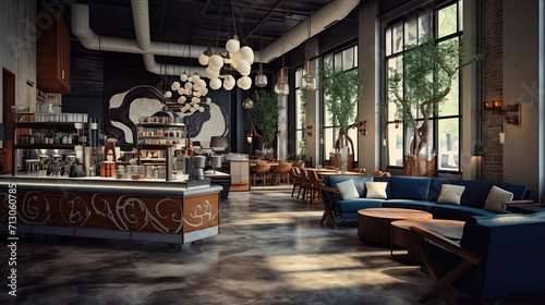 Stylish coffee joint boasting hip decor and artisanal coffee blends. Modern flair, trendy aesthetics, handcrafted brews, specialty roasts, chic setting. Generated by AI. photo