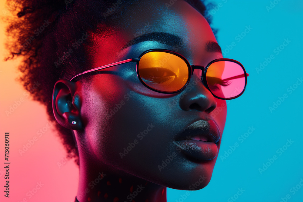 High fashion model lips and face woman in colorful bright neon UV blue and purple lights, posing in studio, beautiful girl, glowing makeup, colorful makeup. Glitter Bright Neon Makeup High fashion model lips and face woman in colorful bright neon UV blue and purple lights, posing in studio, beautiful girl, glowing makeup, colorful makeup. Glitter Bright Neon Makeup