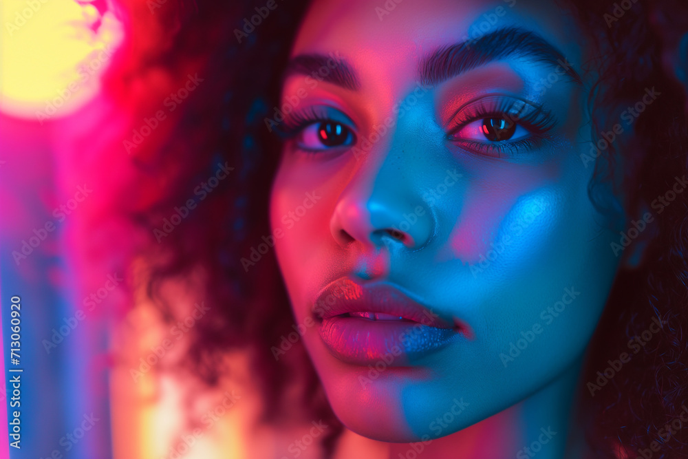 High fashion model lips and face woman in colorful bright neon UV blue and purple lights, posing in studio, beautiful girl, glowing makeup, colorful makeup. Glitter Bright Neon Makeup