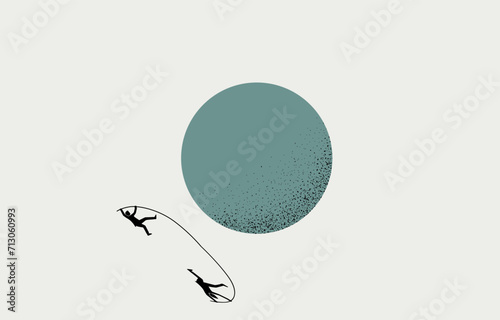 Overcome business obstacle or problem, challenge concept, businessman jumping pole vault over sphere barrier, vector illustration. 