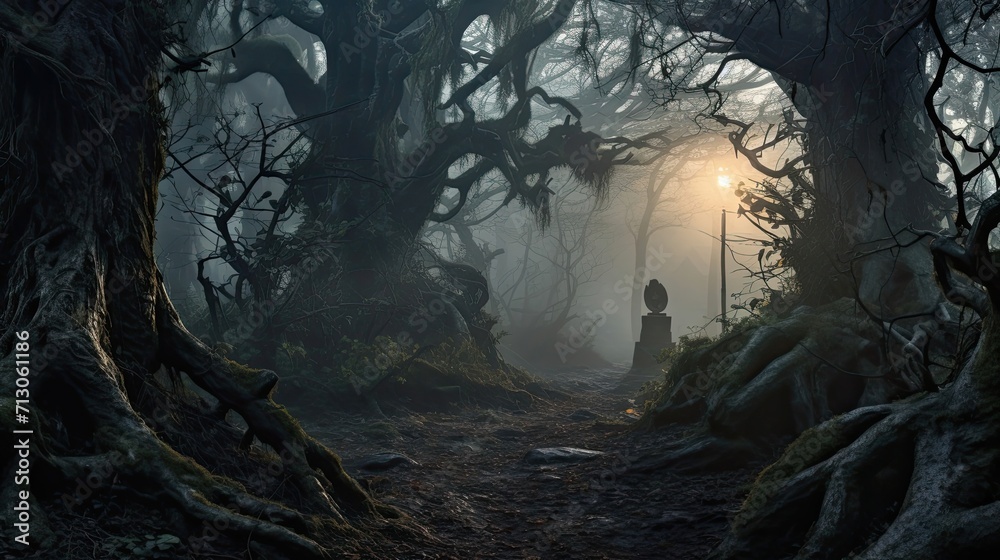 Enigmatic forest wrapped in mist, inhabited by ancient gnarled trees. Mystical fog, age-old woodland, twisted boughs, enchanted grove. Generated by AI. - obrazy, fototapety, plakaty 