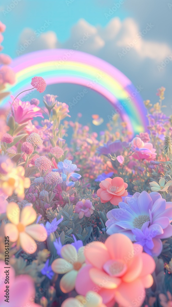 Obraz premium 3d render style illustration of the rainbows and flowers in style of tripping psychedelic, vibrant pastel colors, glow