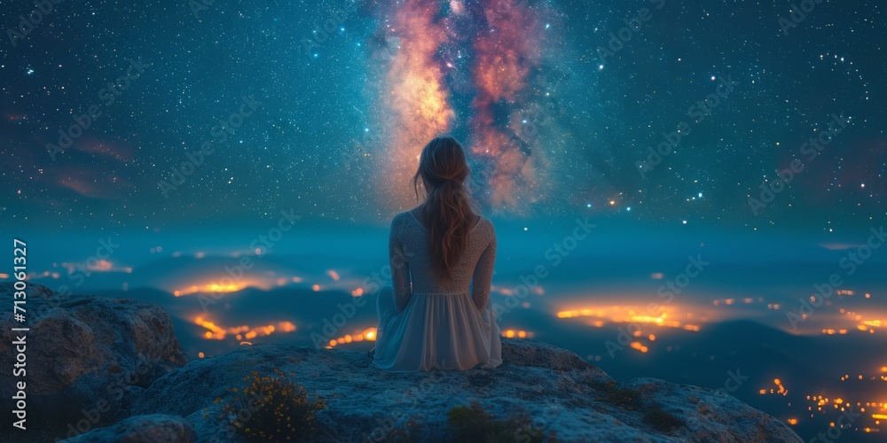 A girl sits under a starry night, enchanted by cosmic beauty, on a mountain cliff.