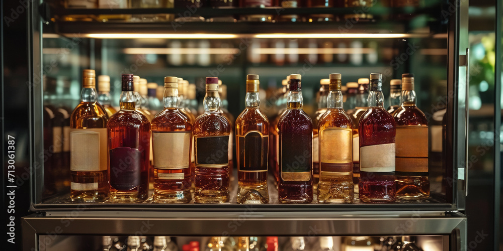 Rows of assorted whiskey bottles on the bar shelf showcase a diverse collection of premium spirits.