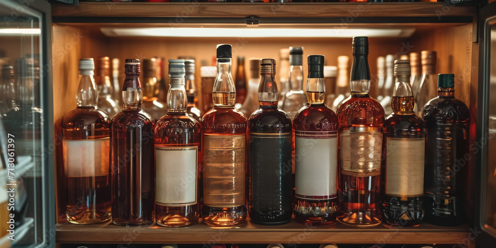 An assortment of whiskey bottles on the bar shelf creates a rich and varied collection of spirits.