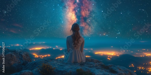 A girl sits under a starry night, enchanted by cosmic beauty, on a mountain cliff.