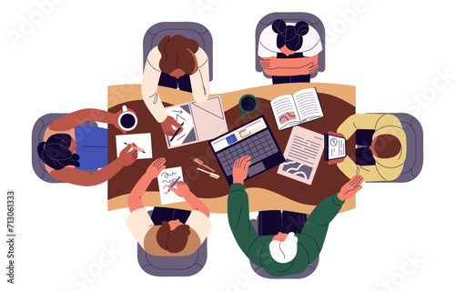 People sitting around table top view. Employees meeting, work, communicate on the office desk. Students team study, prepare to exams together. Teamwork. Flat isolated vector illustration on white