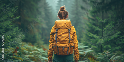 Among the lush green forest, a lone hiker goes hiking with a backpack, enjoying the outdoor adventure.