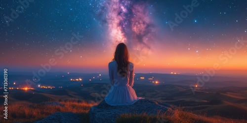 Under the cosmic night, the girl is immersed in the magic of the starry universe, prompting her to explore the heavenly expanses.