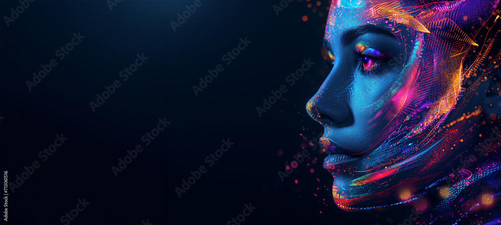 High fashion model lips and face woman in colorful bright neon UV blue and purple lights, posing in studio, beautiful girl, glowing makeup, colorful makeup. Glitter Bright Neon Makeup