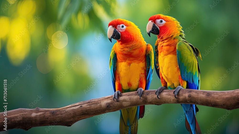 Radiant parrots showcasing vibrant hues while resting on a tree branch. Colorful feathers, tropical avian duo, vibrant perching. Generated by AI.