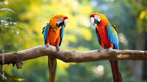 Vibrant parrots flaunting colorful plumage while resting on a tree branch. Tropical avian pair, lively colors, vibrant perch. Generated by AI.