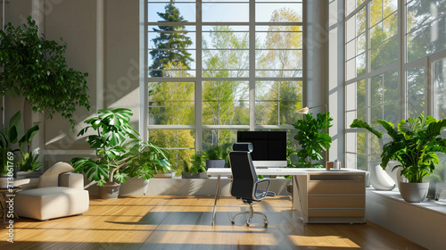 Zen home office with computer in a beautiful, spacious living room interior . Ai Generative