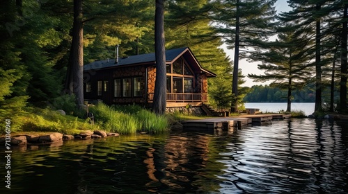 Peaceful cabin by the lake surrounded by towering pine trees. Tranquil waterside escape, secluded forest hideaway, serene retreat. Generated by AI.