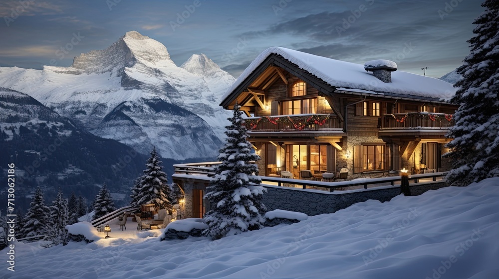 Picturesque Swiss chalet nestled amidst snow-capped mountains. Scenic alpine retreat, snow-covered peaks, idyllic chalet. Generated by AI. Picturesque Swiss chalet nestled amidst snow-capped mountains. Scenic alpine retreat, snow-covered peaks, idyllic chalet. Generated by AI.