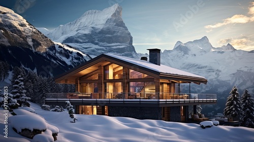 Idyllic Swiss chalet surrounded by majestic snow-covered mountains. Charming alpine refuge, snowy peaks, scenic chalet. Generated by AI. photo