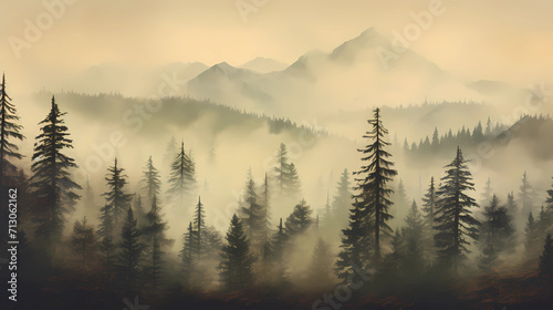 Misty landscape with fir forest in vintage retro style. © Sonya
