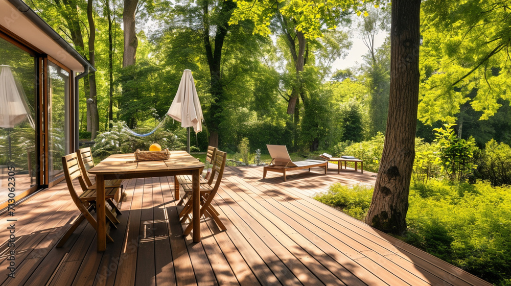 View of backyard deck with wooden table set and green forest. Ai Generative