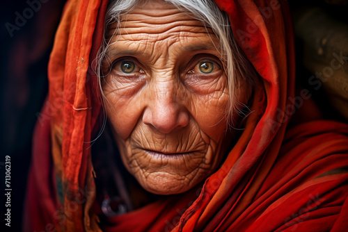  Closeup portrait of old woman. Wrinkled face.