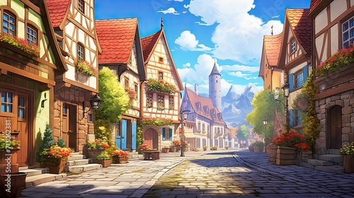 A charming village adorned with cobblestone streets. Picturesque streetscape, historic allure, old-world ambiance. Generated by AI.