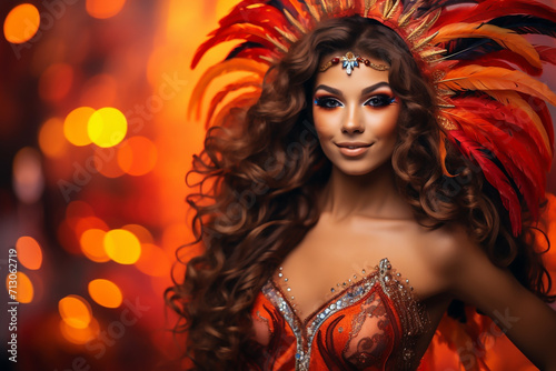 Beautiful woman in carnival costume and feathers