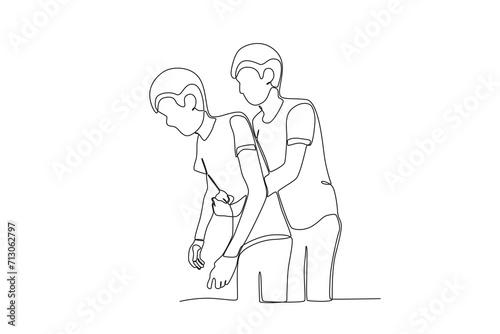 One continuous line drawing of Help a friend who is choking. Single line draw vector graphic design illustration.

