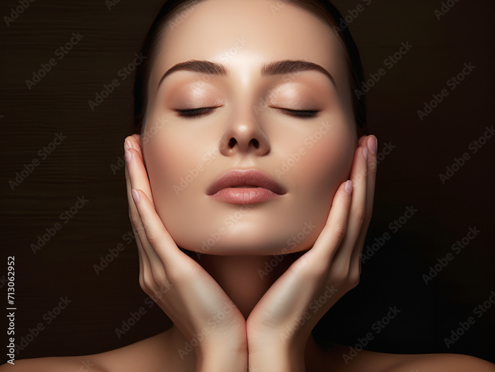 Cropped shot of young caucasian woman touching under the chin with