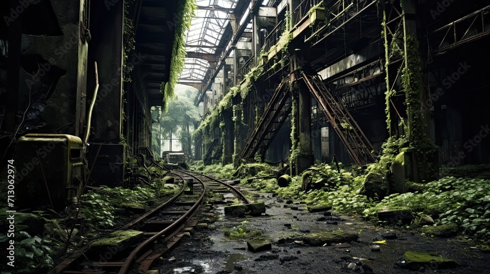 Rust-covered, reclaimed by nature, derelict, overgrown, abandoned structure. Generated by AI. Rust-covered, reclaimed by nature, derelict, overgrown, abandoned structure. Generated by AI.