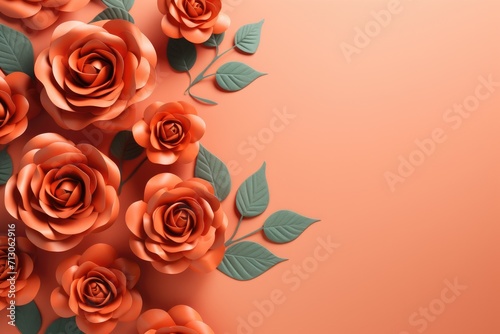 Top view of orange rose flowers with green leaves on orange background with copy space. Valentine s day  mother s day  wedding and love concept