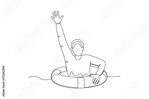 One continuous line drawing of Rescuing a drowning man with a life preserver. Single line draw vector graphic design illustration.
