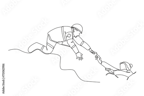 One continuous line drawing of Rescue team helps landslide victims. Single line draw vector graphic design illustration.
