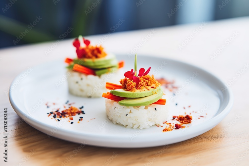 rice cakes topped with avocado and red chili flakes rice cakes topped with avocado and red chili flakes