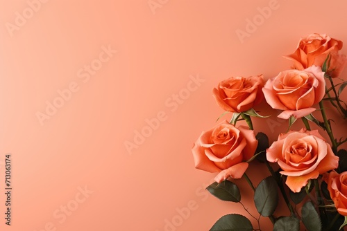 Orange rose flowers with green leaves on orange background, Valentine's day, mother's day, wedding and love concept