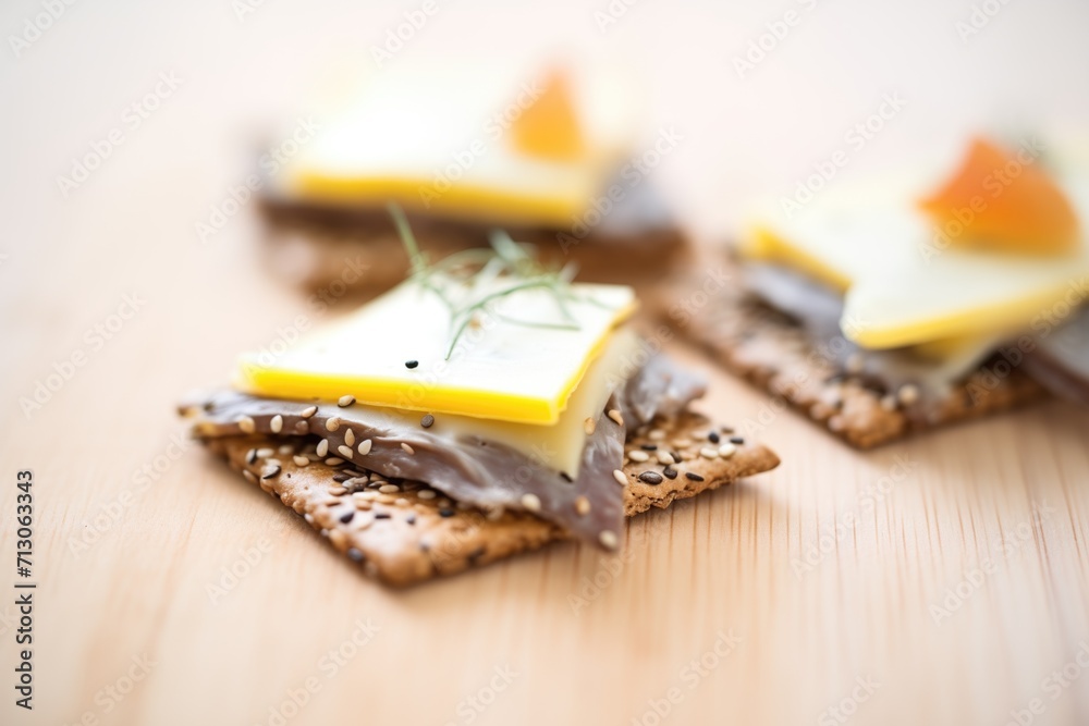 rye cracker sandwich with swiss cheese, close-up shot rye cracker sandwich with swiss cheese, close-up shot