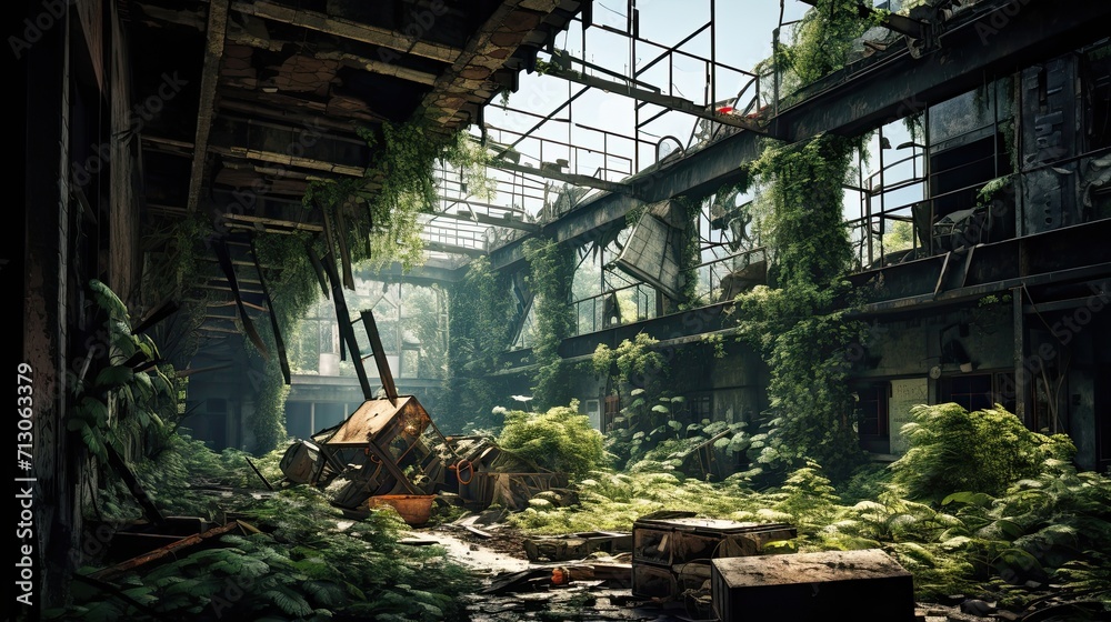 Rust-covered, reclaimed by nature, derelict, overgrown, abandoned structure. Generated by AI. Rust-covered, reclaimed by nature, derelict, overgrown, abandoned structure. Generated by AI.