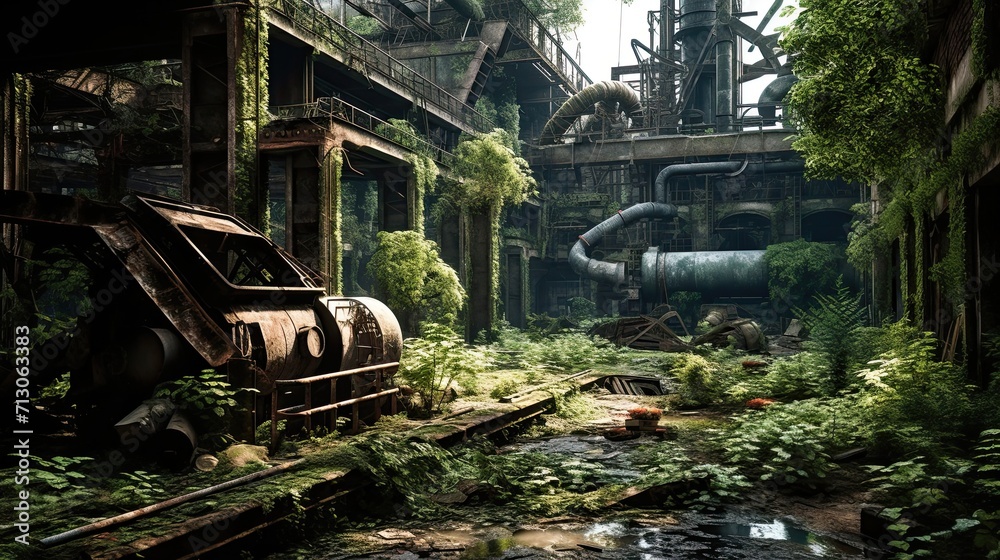 The captivating sight of an abandoned. Rust-covered, reclaimed by nature, derelict, overgrown, abandoned structure. Generated by AI.