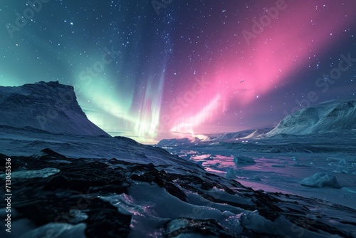 pink aurora borealis, morthern lights over ice and snow landscape. Generative AI photo