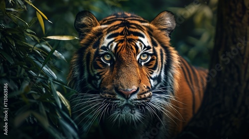 wall poster of tiger in jungle with close-up intensity style  saturated color scheme