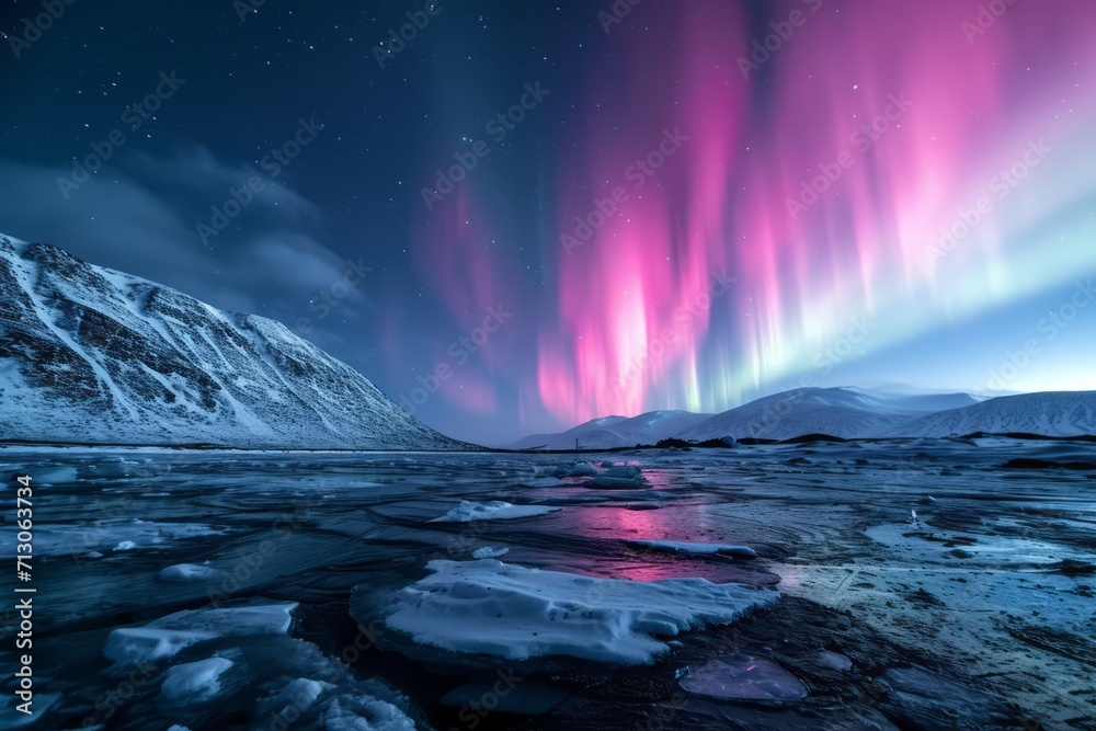 pink aurora borealis, morthern lights over ice and snow landscape. Generative AI