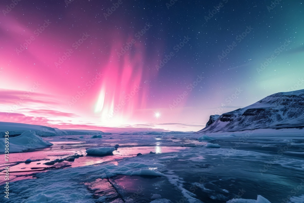 pink aurora borealis, morthern lights over ice and snow landscape. Generative AI