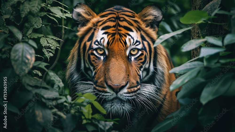 wall poster of tiger in jungle with close-up intensity style, saturated color scheme wall poster of tiger in jungle with close-up intensity style, saturated color scheme