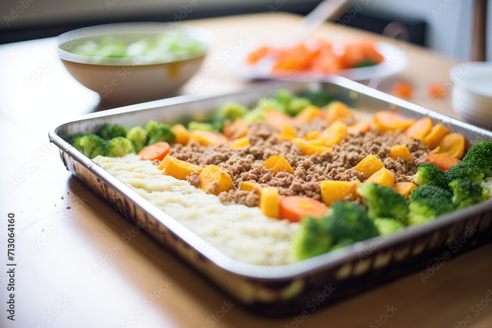 freshly ground beef being layered in shepherds pie assembly freshly ground beef being layered in shepherds pie assembly