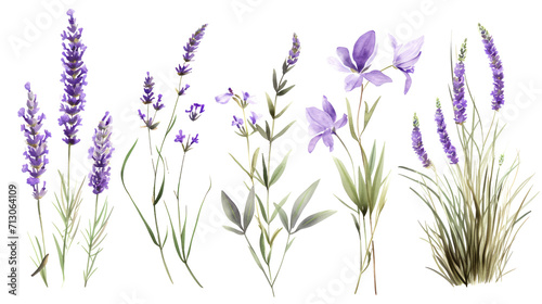 Set of collection lavender objects isolated on a transparent background  blades of grass and flowers in watercolor style