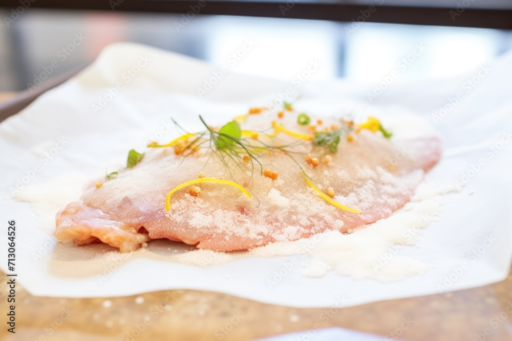 raw sole with flour coating on parchment paper, ready to fry