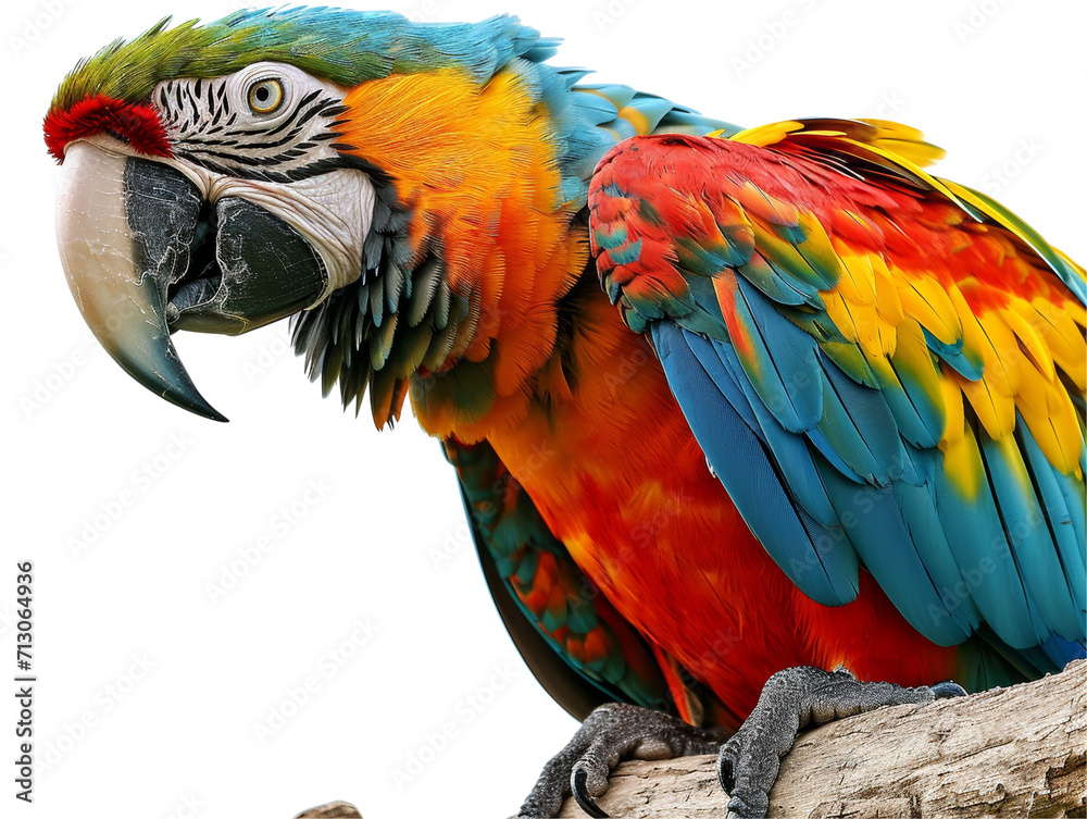 Obraz premium Macaw Parrot on Branch Isolated on Transparent or White Background, PNG