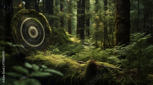 Digital composite of Red target in green forest with moss and nature background. Concept of sport, competition and success. AI generative. photo