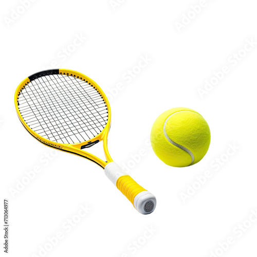 Golden Tennis racket and Yellow Tennis ball sports equipment isolated on white