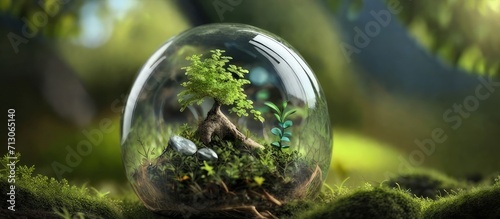 Nature s Safe Haven A small tree in a glass sphere with moss  symbolizing a sanctuary for environmental protection